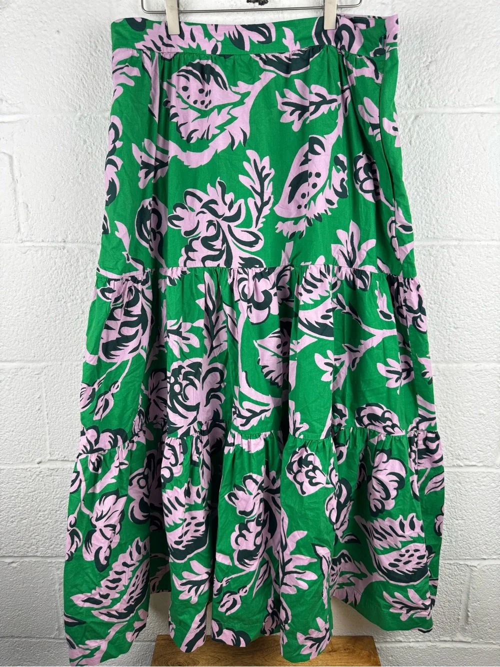 Boden Lorna Tiered Maxi Skirt Green Pink Floral Cotton US 14R